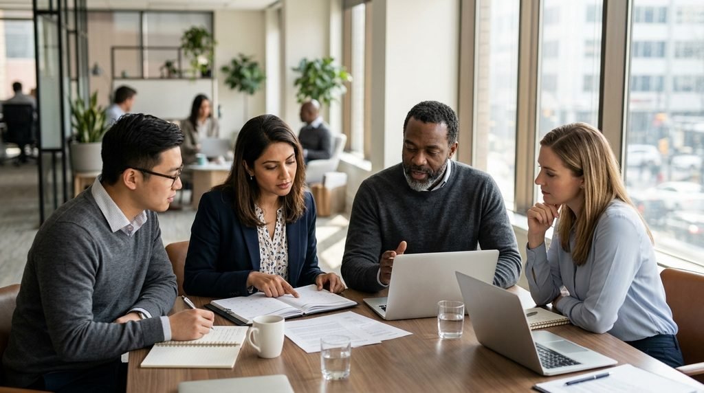 Coworkers discussing meeting schedules and deadlines in a modern office