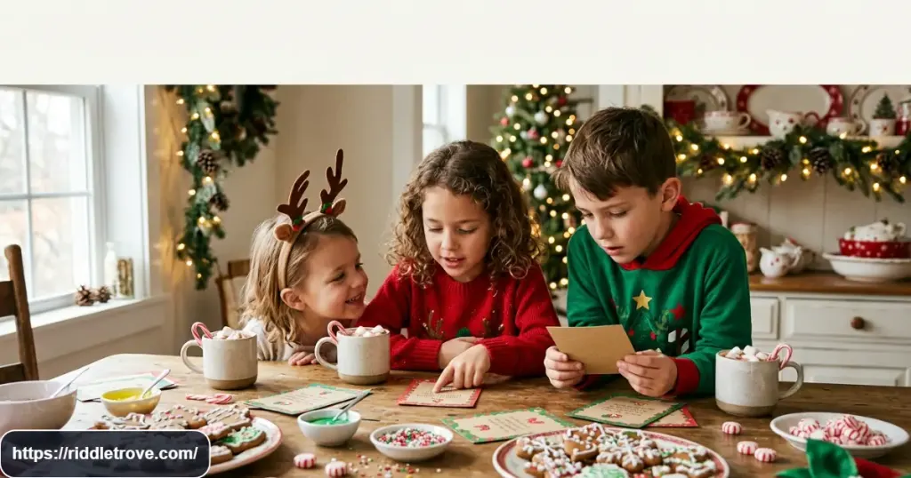 Children solving Christmas food riddles beside gingerbread cookies and treats