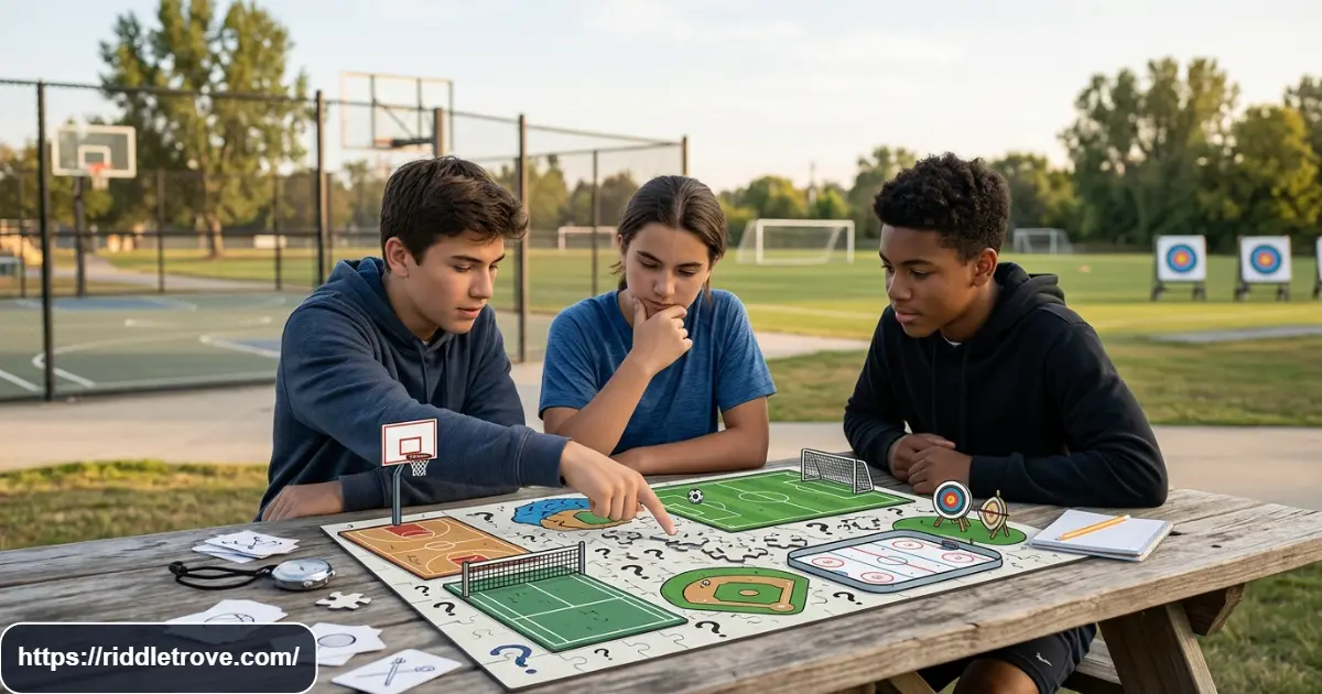 Athletes examining clues to identify different sports in a puzzle scene