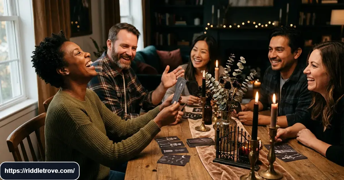 Friends solving Halloween coffin riddles beside tasteful spooky decorations