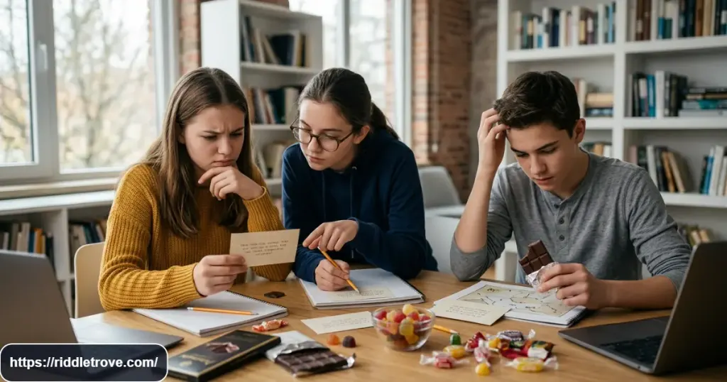 Teens concentrating on difficult candy riddles and puzzle clues