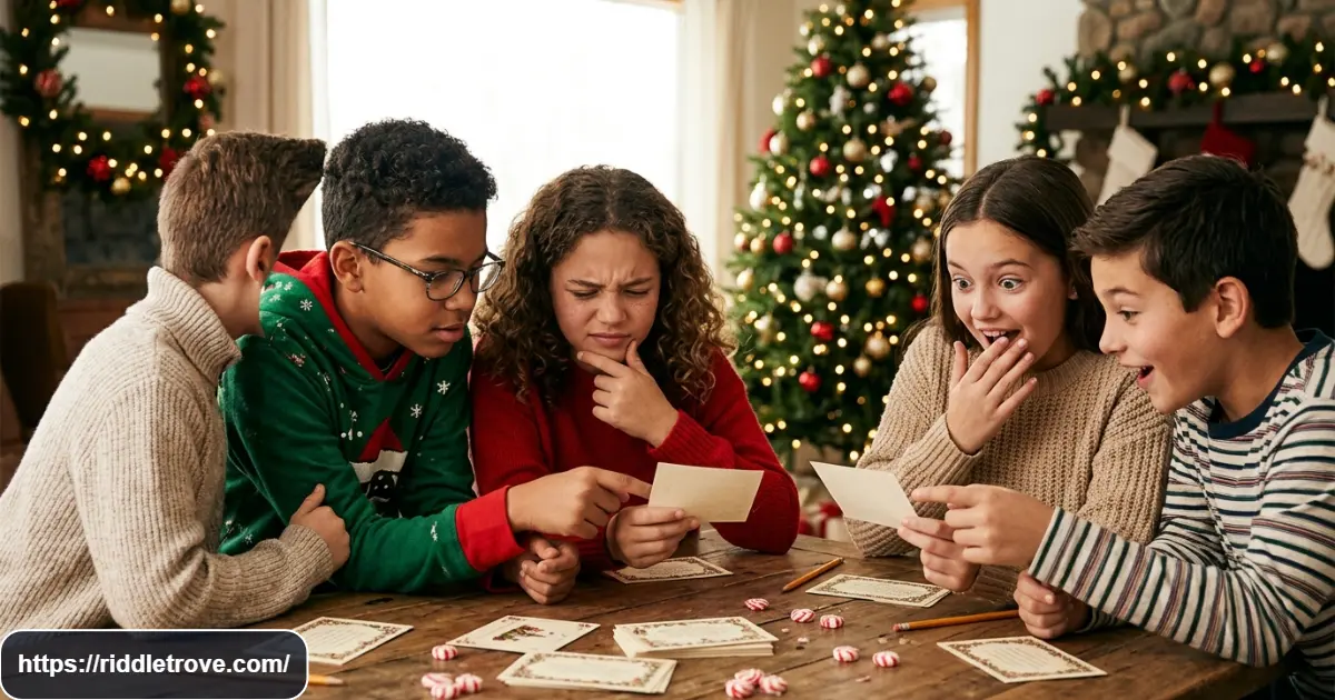 Older kids solving challenging Christmas riddles around a festive holiday table