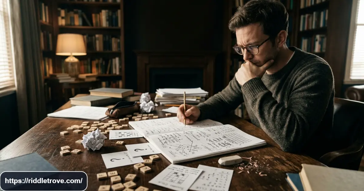 Adult solving hard English riddles with word clues, letters, and puzzle notes