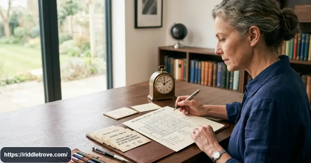 Puzzle enthusiast solving a difficult logic riddle with notes and clues