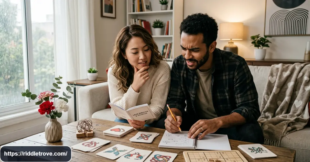 Couple thinking deeply while solving hard love riddles together