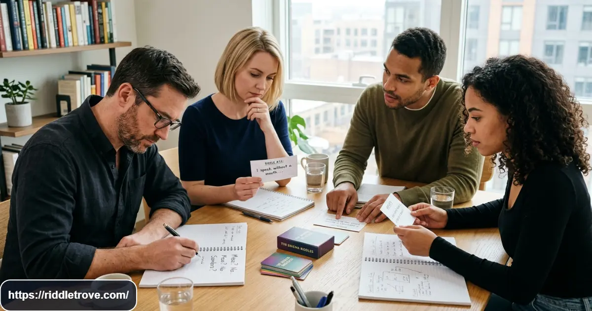 Adults solving difficult riddles during a challenging puzzle session