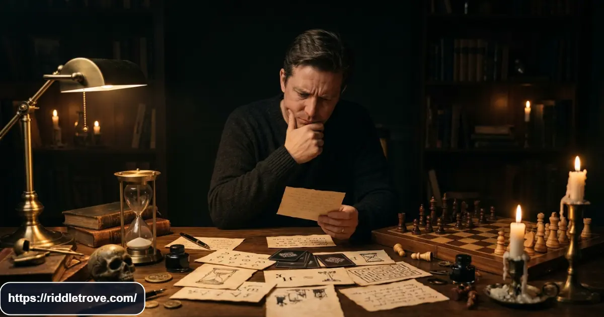 Adult puzzler facing difficult dark humor riddles and challenging clues