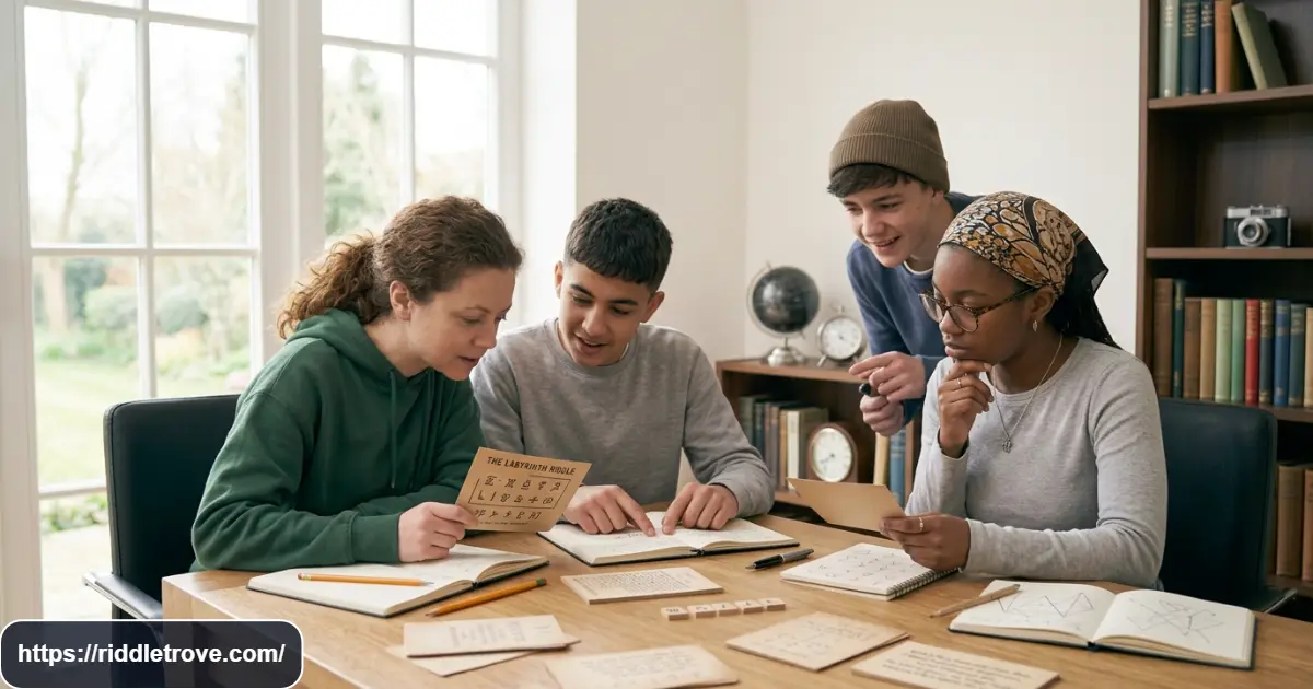 Teens solving hard riddles with puzzle cards and clues at a study table
