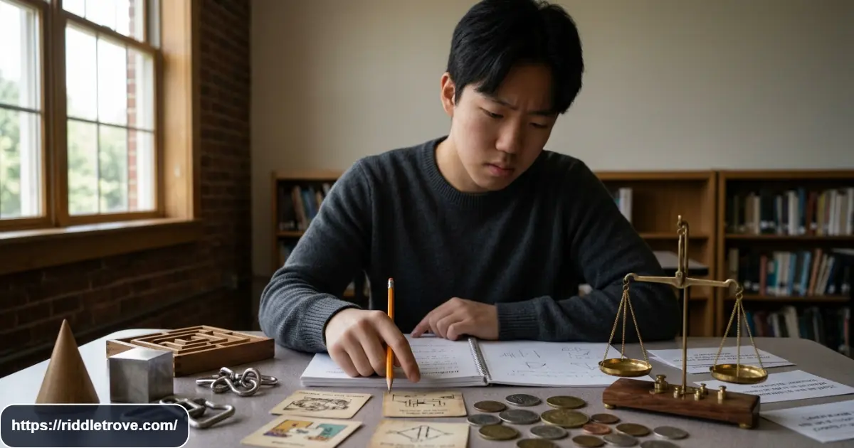 Teen solving a difficult Spanish brain teaser with logic puzzle pieces
