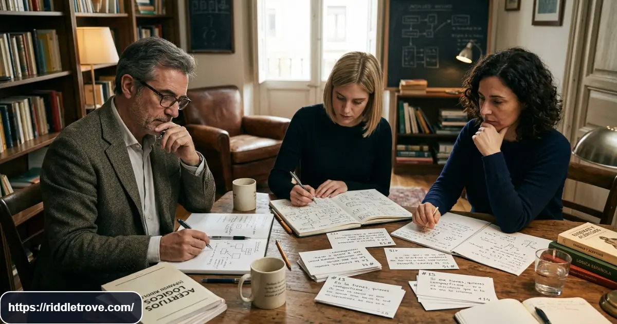Create a sophisticated editorial scene of three adults tackling difficult Spanish riddles in a quiet puzzle room. Include handwritten logic diagrams, numbered cards, and notebooks without revealing solutions. Use dramatic but natural lighting, thoughtful expressions, varied camera depth, realistic details, and a premium intellectual puzzle atmosphere without logos or text overlays. 

