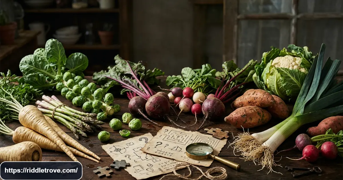 Challenging vegetable riddles with carrots, parsnips, asparagus, beets, and Brussels sprouts