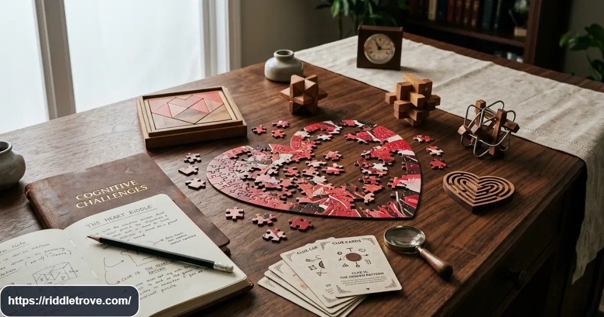Challenging heart brain teasers with puzzle pieces, clues, and thinking games