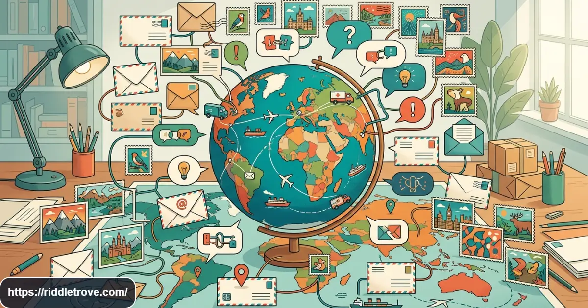 Harder wordplay riddles with letters, stamps, and travel clues
