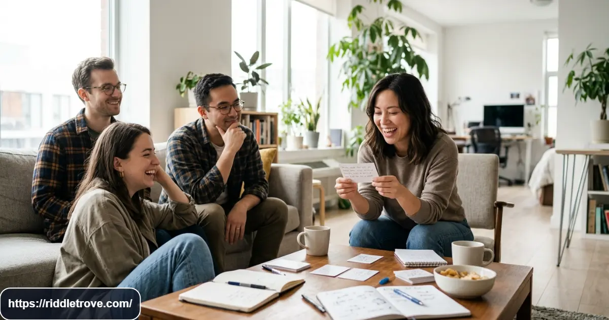 Friends laughing while solving hilarious riddles during a lively game night