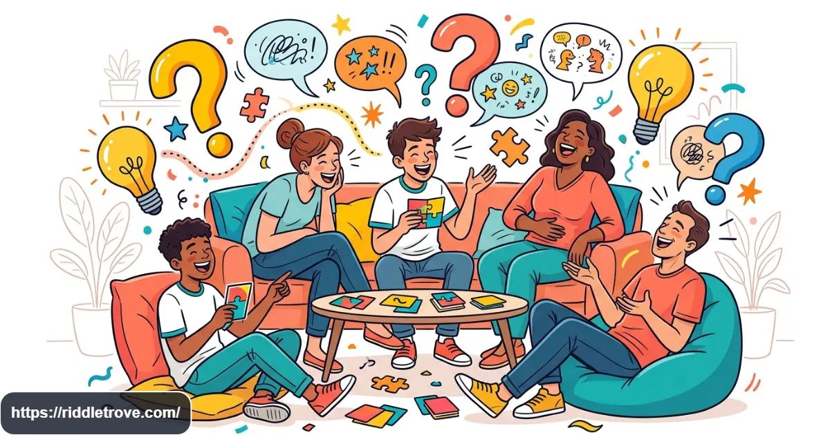 People laughing while solving hilarious riddles with colorful question marks and puzzle cards