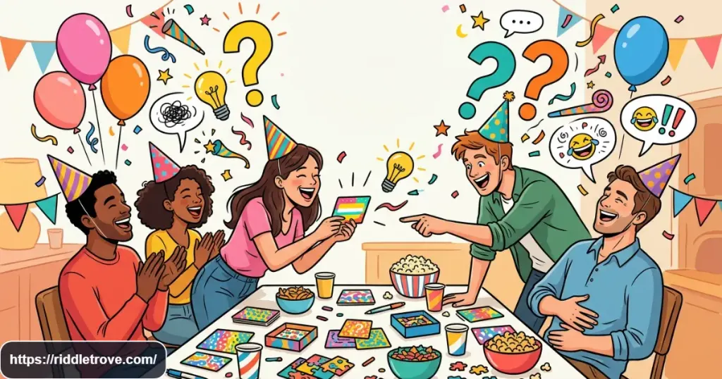 Friends laughing and solving hilarious riddles together at a lively party
