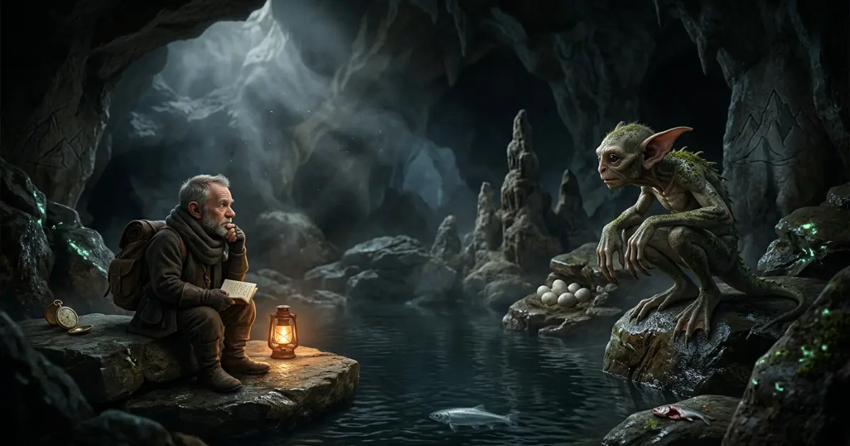 Hobbit riddles with answers featuring Bilbo and Gollum in a dark cave