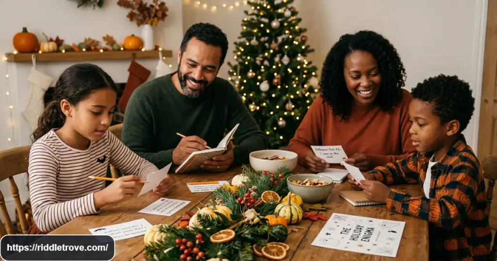 Family enjoying Christmas and Halloween themed riddle cards