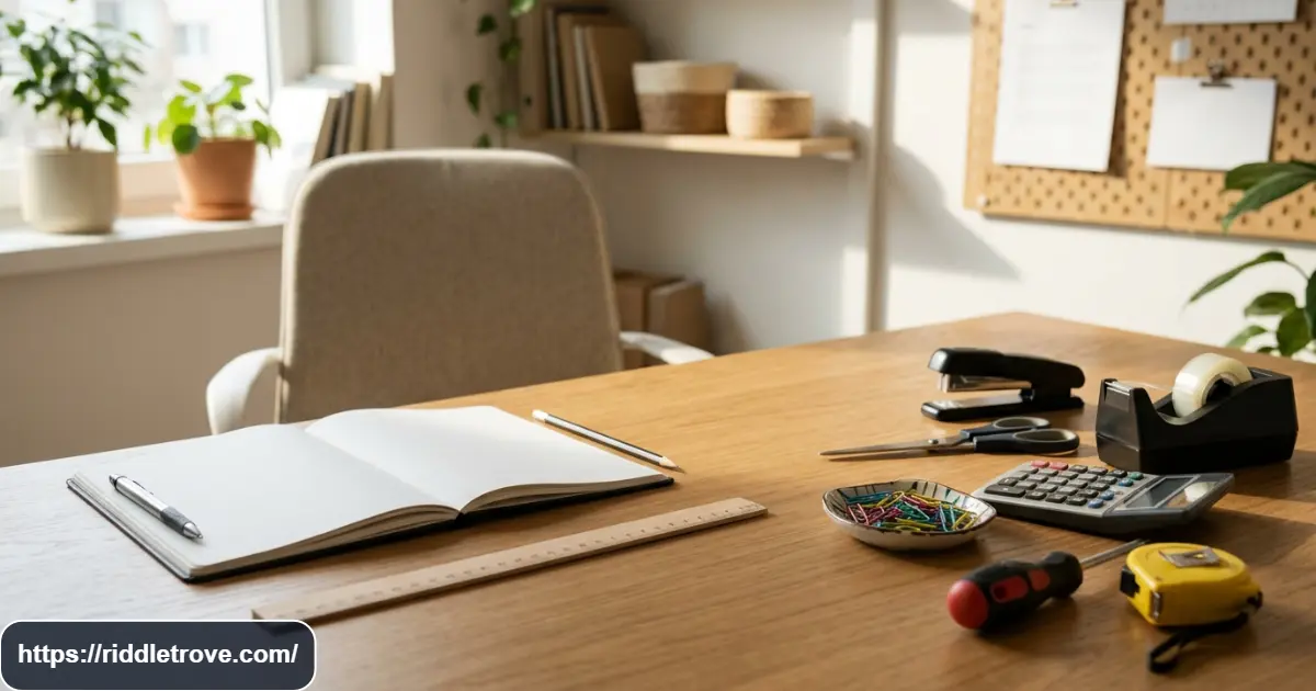 Home office and everyday tool riddles featuring common household tools and desk items
