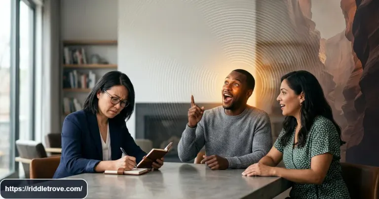 Adults solving an echo riddle together at a table with sound waves in the background