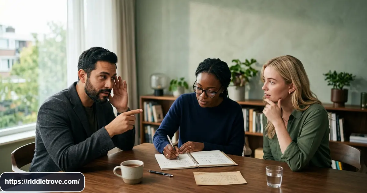 Adults solving the if you call me riddle beside a mysterious clue