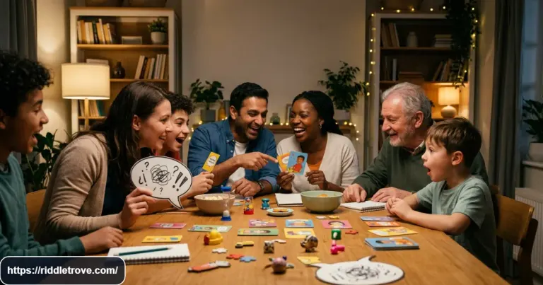 Friends and children solving funny jokes and riddles together