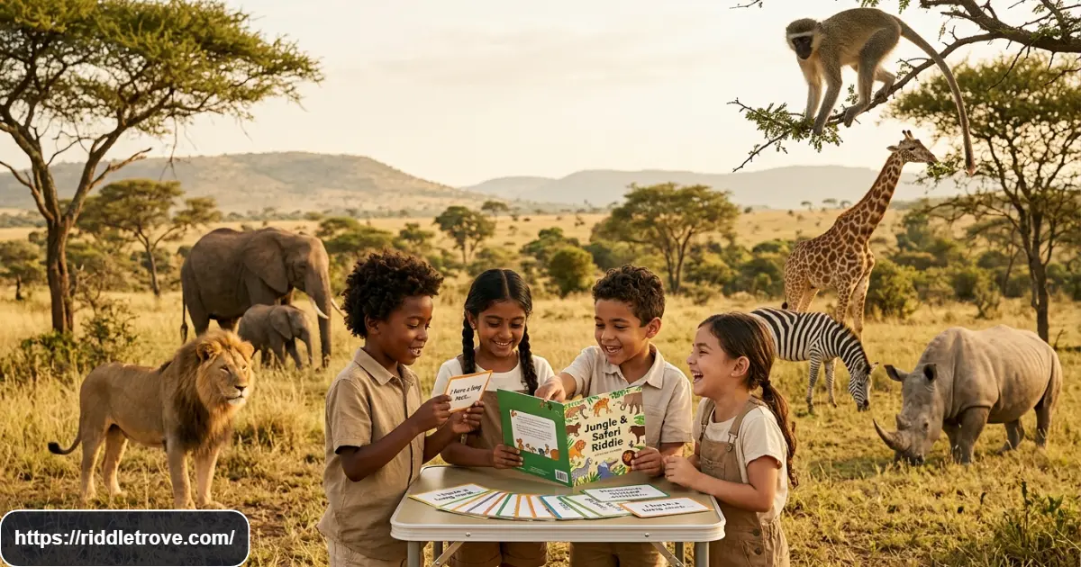 Kids solving jungle and safari animal riddles with lions, elephants, giraffes, and zebras