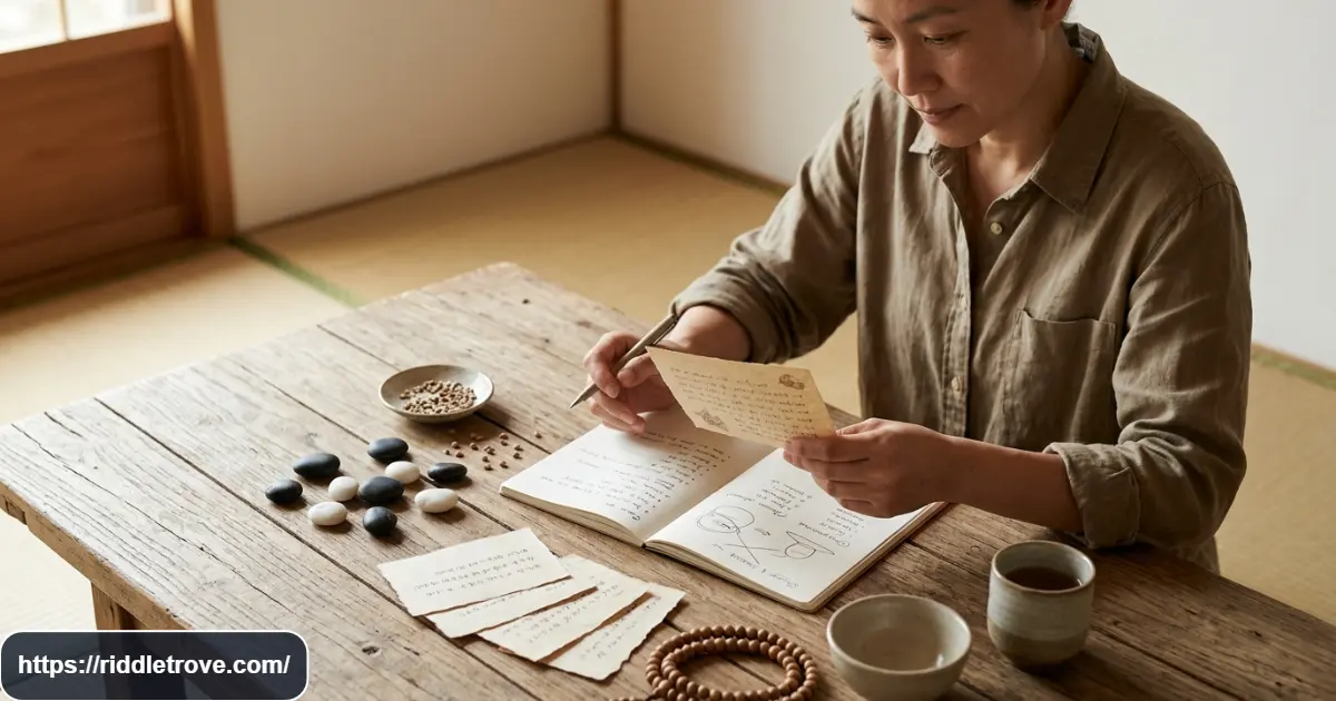 Reader exploring Buddhist karma riddles with thoughtful symbolic objects nearby