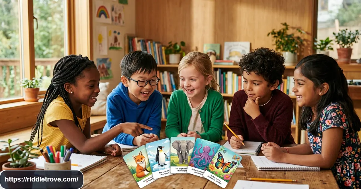 Children solving animal riddles together with colorful animal clue cards