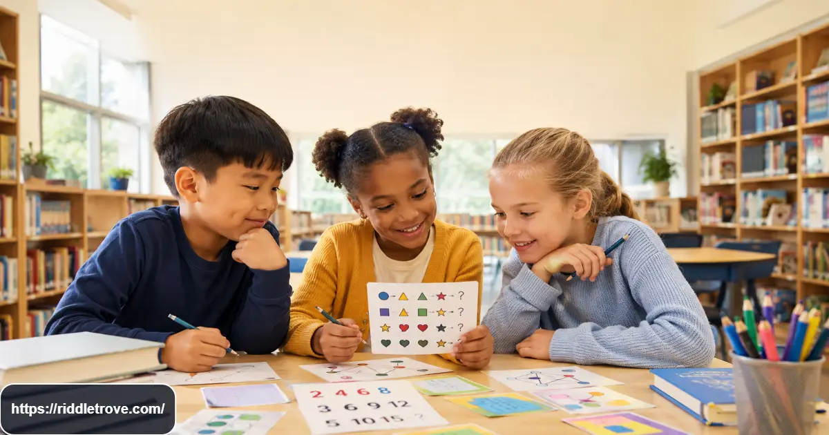 Kids solving colorful brain teasers together at a table