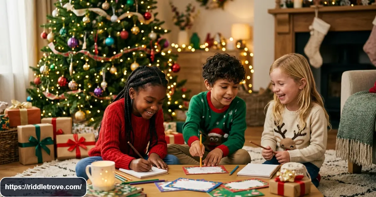 Kids solving Christmas riddles together beside a decorated holiday tree