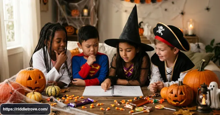 Kids solving spooky Halloween riddles together at a festive table