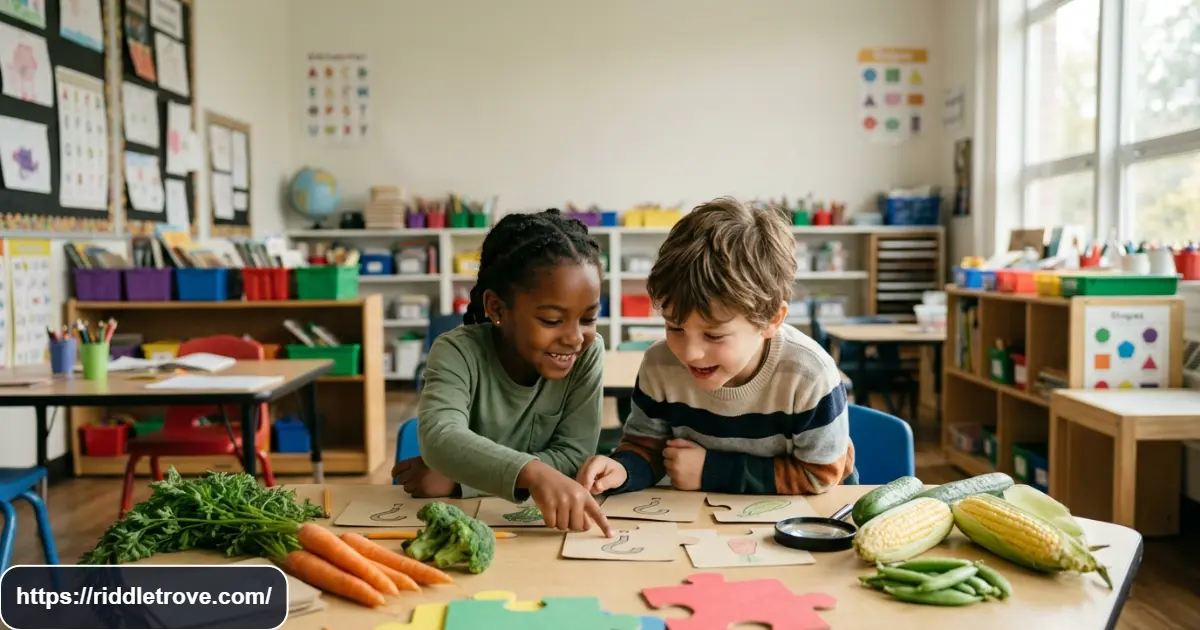 Children solving vegetable riddles together with colorful fresh vegetables nearby