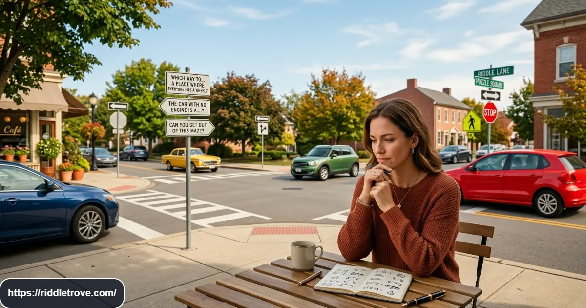 Person solving clever lateral thinking car riddles at a four-way intersection