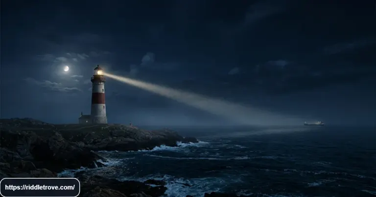Tall lighthouse shining over dark ocean waters at night