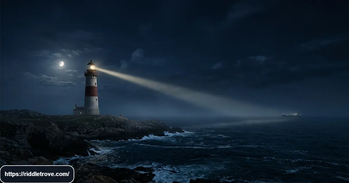 Tall lighthouse shining over dark ocean waters at night