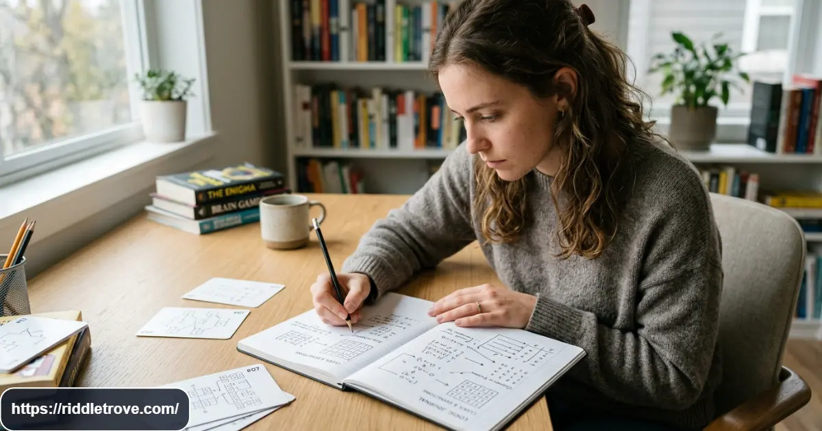 Puzzle enthusiast working through a logic brain teaser with notes