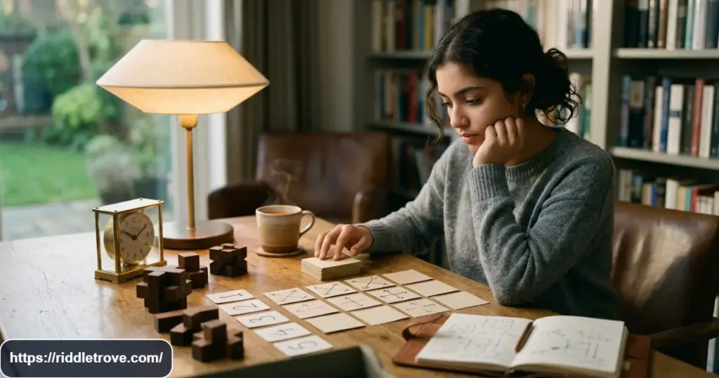 Teen solving a challenging logic puzzle with cards, numbers, and a clock