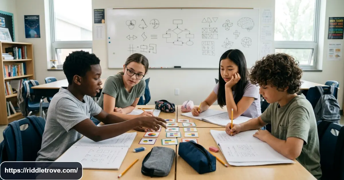 Middle school students working through challenging logic riddles at school