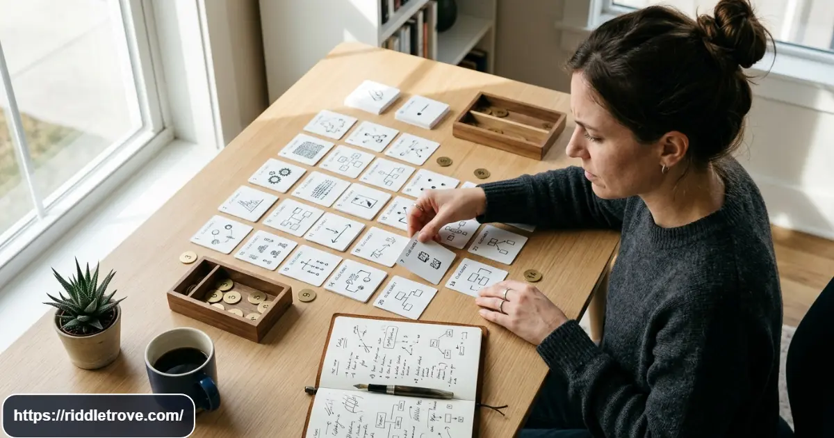 Person solving a logic riddle using clues and organized puzzle cards