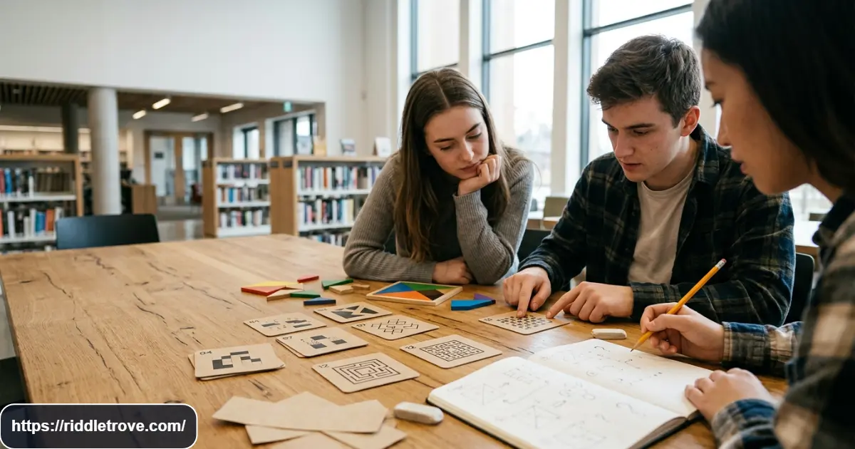People solving clever logic riddles with puzzle cards and notebooks