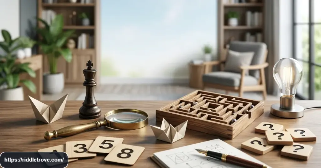 Logic and brain-teaser riddles with chess, maze, numbers, and puzzle clues