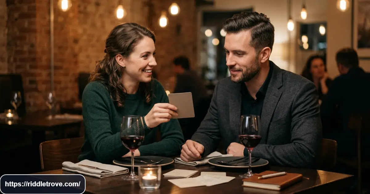 Adults enjoying a playful love riddle game during a cozy date night