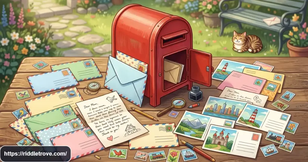 Mail and letter riddles with envelopes, postcards, and stamps