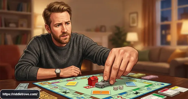 Man pushing a tiny car toward a hotel on a Monopoly-style game board