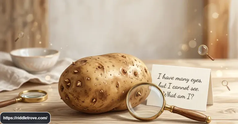 Potato with many eyes beside a colorful riddle puzzle
