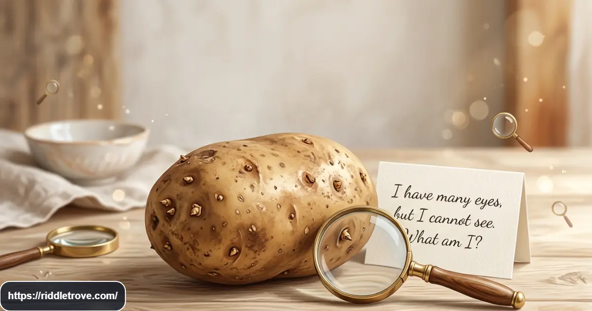 Potato with many eyes beside a colorful riddle puzzle