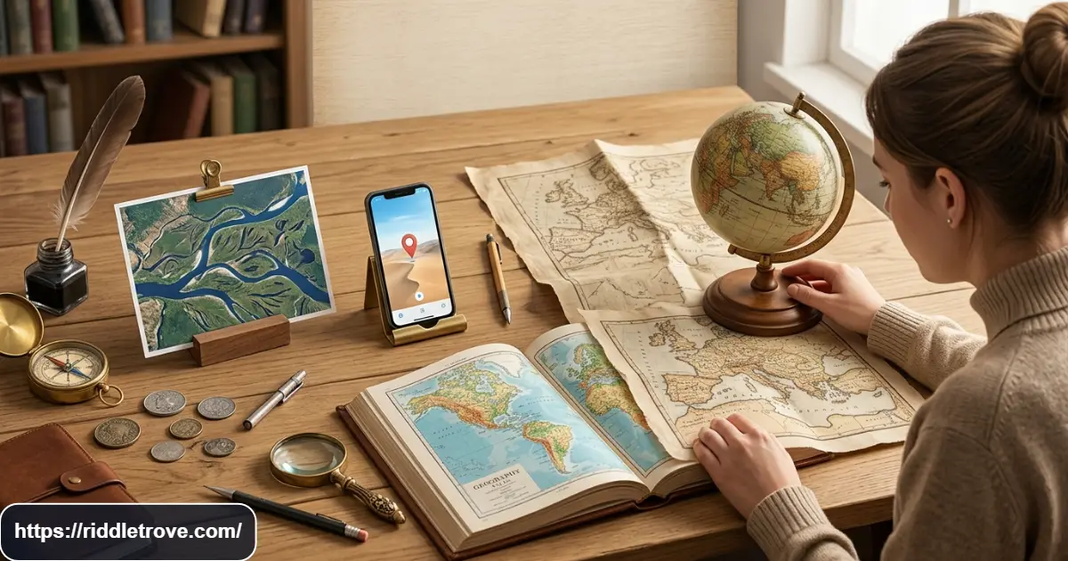 Map globe and atlas displayed together for comparing riddle answers