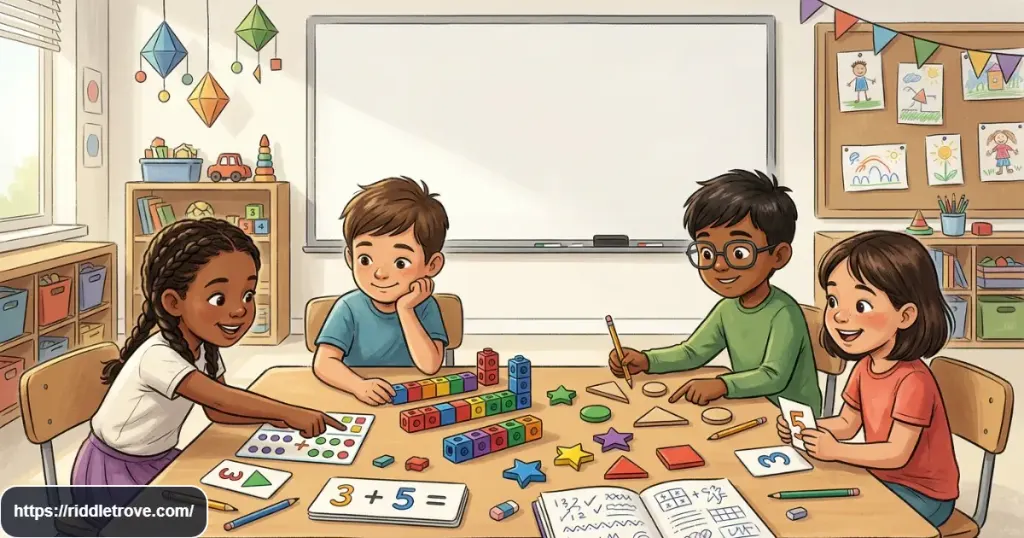 Second graders solving fun math riddles with numbers, shapes, counting blocks, and classroom objects