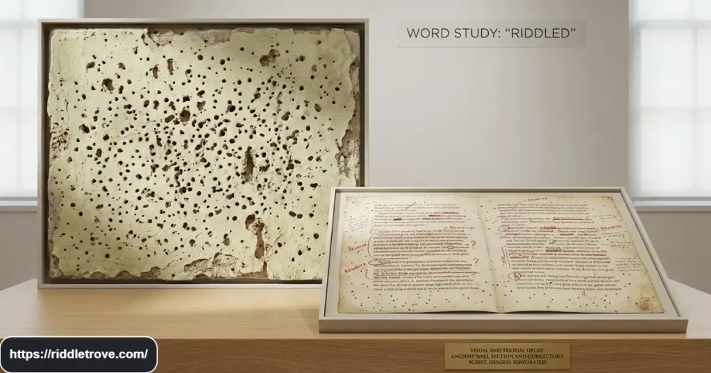 Worn wall and marked document illustrating the different meaning of riddled